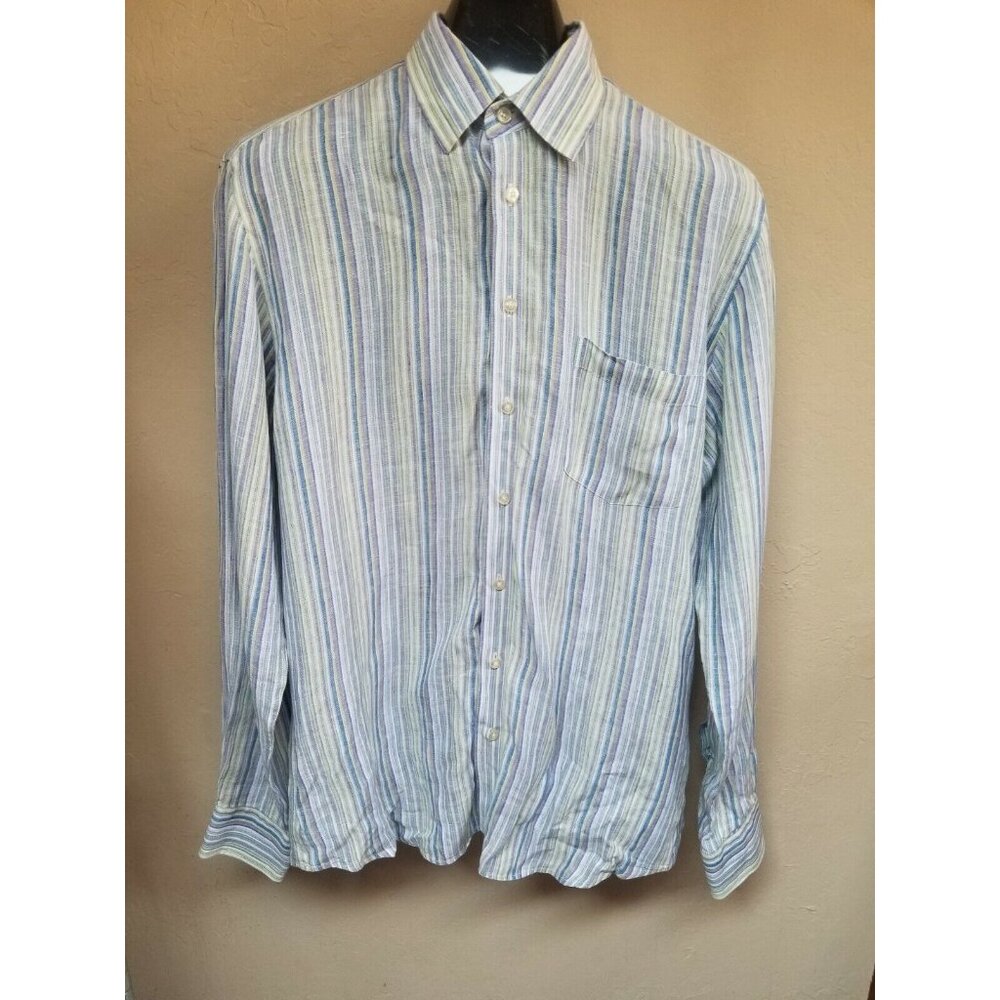 Toscano Womens Large Long Sleeves Top Button Down Collared Linen Striped Blue